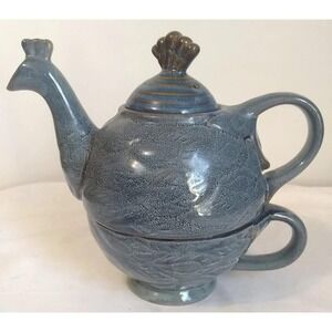 Peacock Tea Set 3 Piece Cup Pot Lid Ceramic Blue Chicken READ